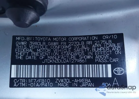 2010 Toyota Prius Ii z USA, uszkodzony, nr VIN JTDKN3DU2A1279861